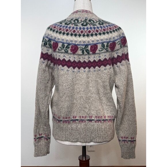 Vintage Eddie Bauer Wool Blend Cardigan Sweater Large Floral Fair Isle Gray Purp - Picture 4 of 5